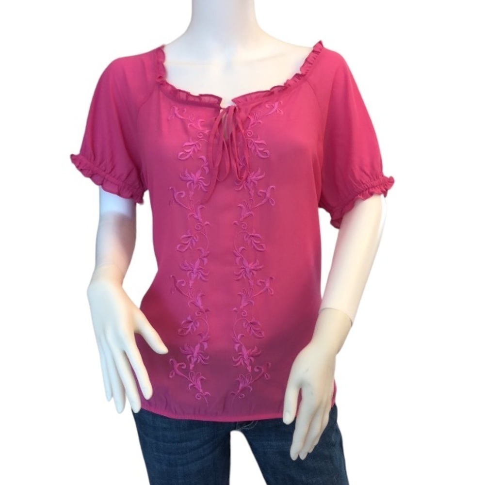 Loft Pink Sheer Embroidered Blouse Medium